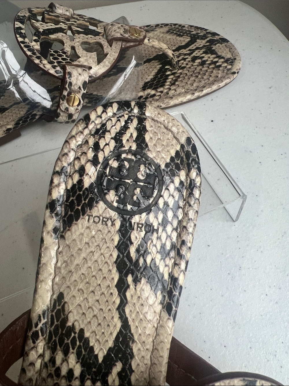 Tory Burch Snake Print Miller Thong Sandals in Beige and Black - Picture 2 of 12